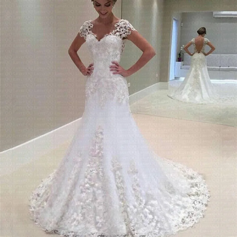 

2019 Amazing V-neck Appliqued Lace Illusion Back Mermaid Vestido De Noiva Stunning Cap Sleeve Wedding Dresses Formal Gowns