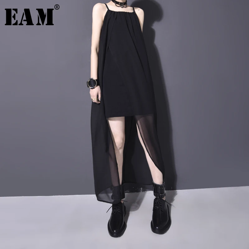 

[EAM] 2019 New Spring Summer Spaghetti Strap Black Loose Long Hem Vent Chiffon Temperament Dress Women Fashion Tide JR711