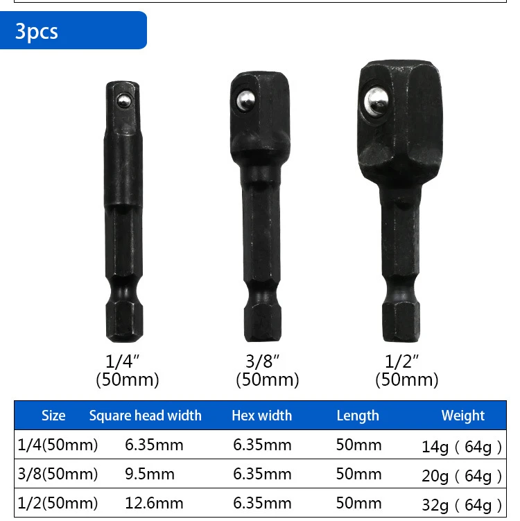 3 шт./компл. 1/" 3/8" 1/" шестигранный Мощность дрель разъем ведущего колеса ключ, дюймовый стандарт переходник удлинитель черного цвета для электрических Мощность инструменты - Цвет: 3pcs 50mm