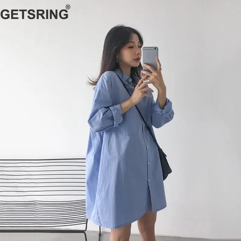 

GETSRING Women Shirts Long Sleeved Loose Women Blouses Chic Blue Womens Tops Loose Long Ladies Tops Retro Summer Blouse 2019 New