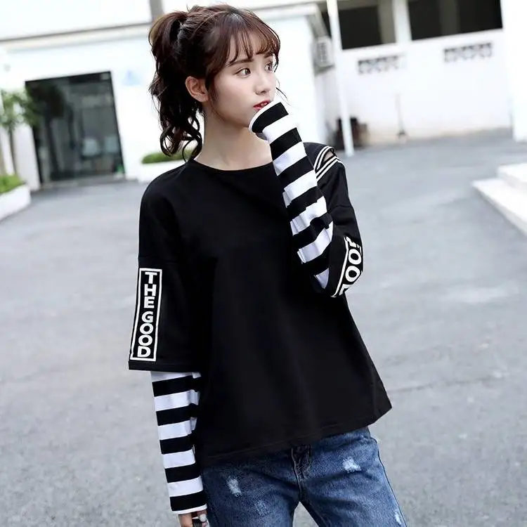 

Japan Hip Hop T-shirts Men Women Funny Casual Long Sleeve Strip Harajuku Tshirt Streetwear Women Fake two piece T shirt Girls