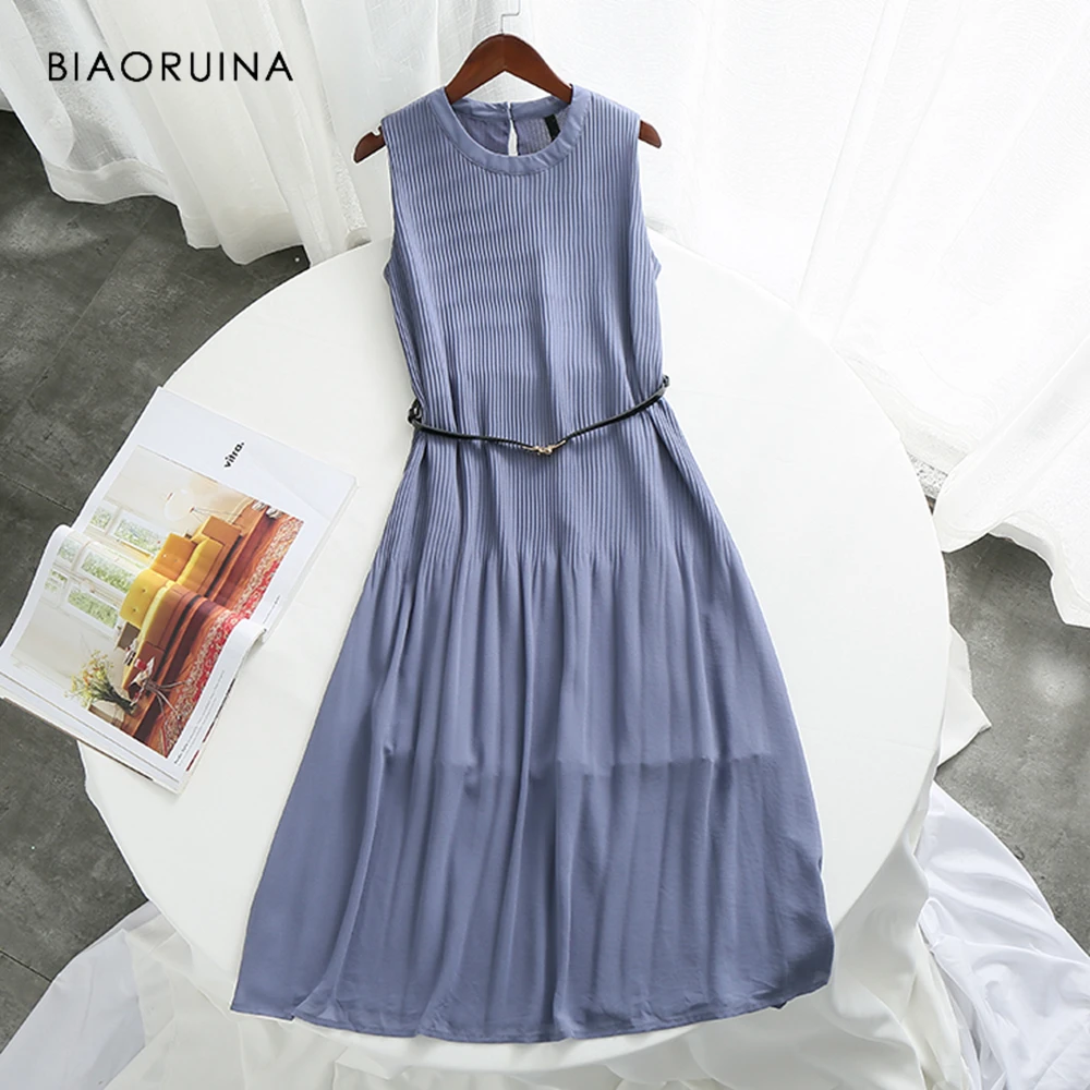 BIAORUINA, женское элегантное платье Solif с круглым вырезом, женское тонкое платье с высокой талией, без рукавов, ТРАПЕЦИЕВИДНОЕ ПЛАТЬЕ с поясом, женское летнее платье