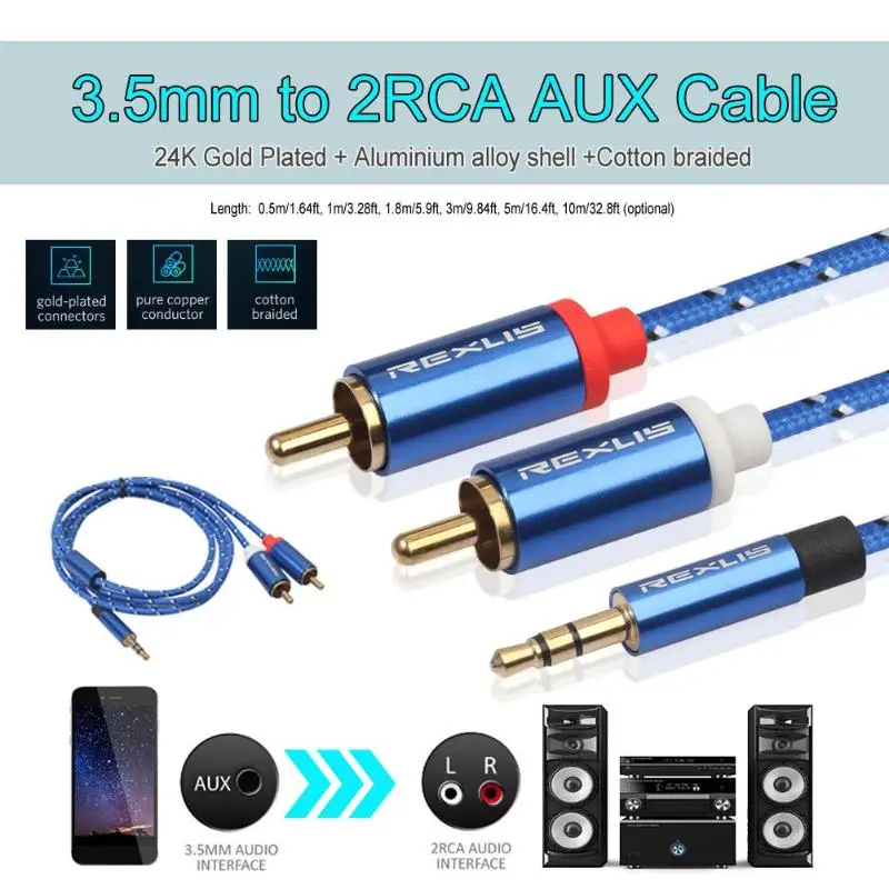 

REXUS 3.5mm Jack Male to 2 RCA Male Earphone Aux Audio Splitter Cable Wire for Amplifier Phone Edifer Home Theater Headphone