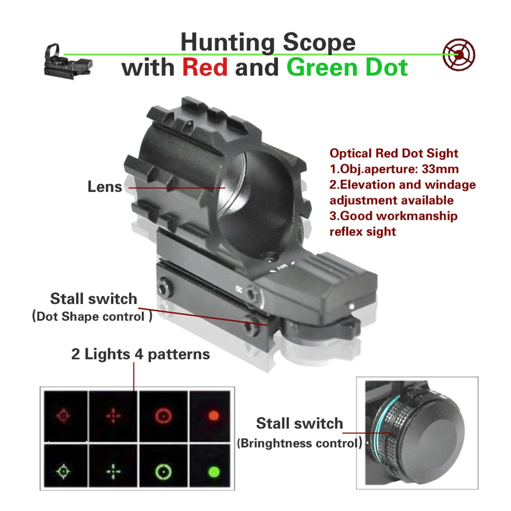 Тактический охотничий 1X33 голографический 4 ретикулы красный зеленый точечный рефлекторный прицел с 3 наборами 20 мм Пикатинни Вивер рельс