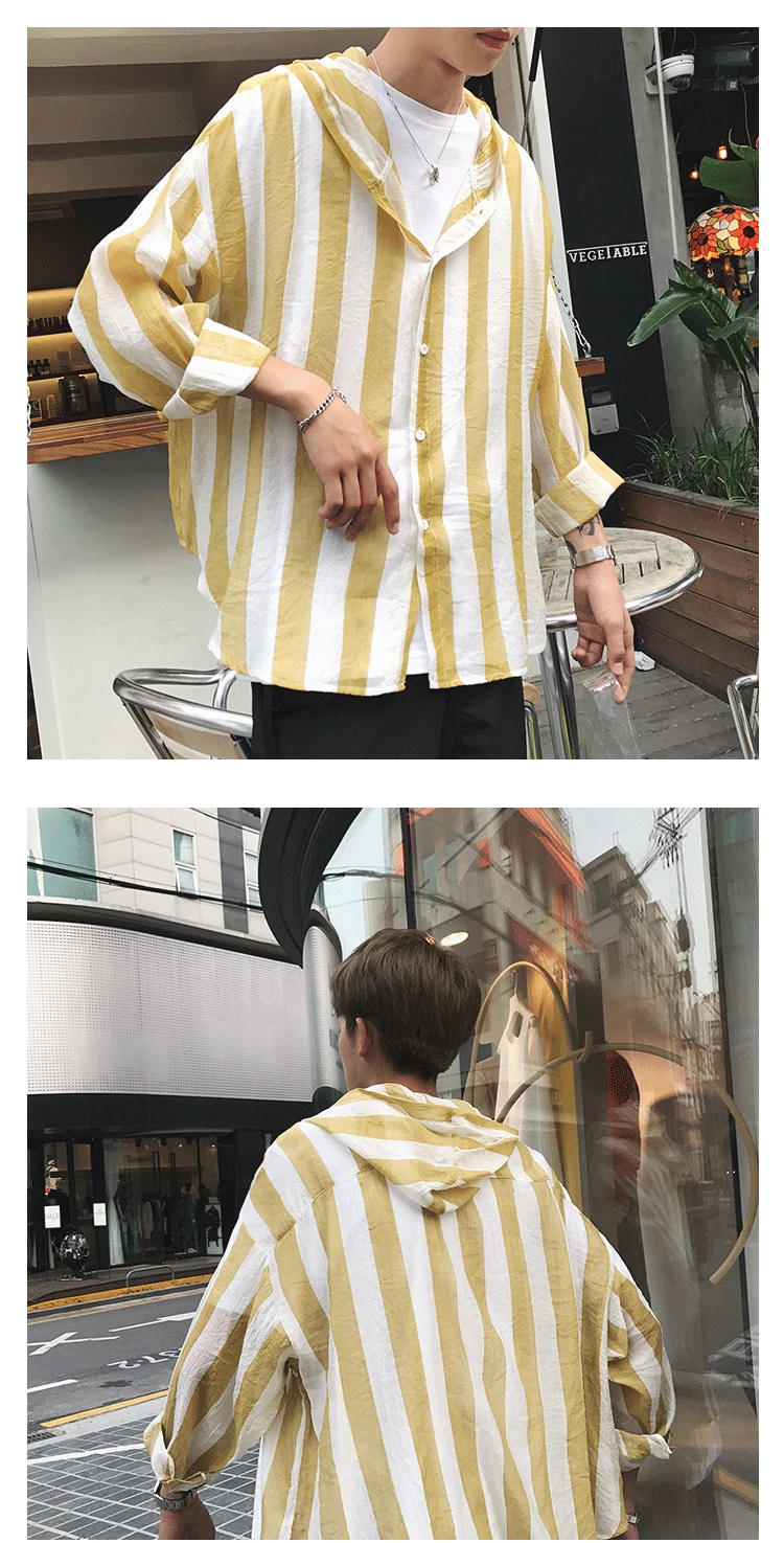 Summer Casual Streetwear Long Sleeve Fashion Korean Style Striped Hooded Mens Shirt