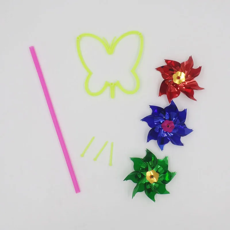 50Pcs/lot colorful plastic three sequins flower windmills traditional children's toys