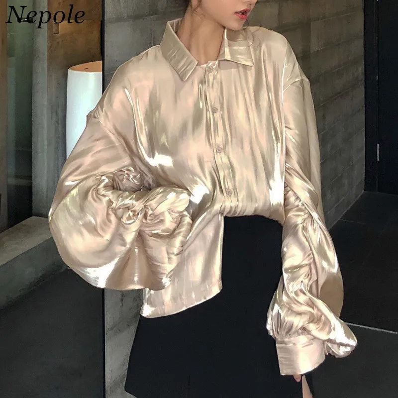 

Neploe Shinny Women Long Blouse Solid Casual Loose Vintage Blusa 2019 Spring Summer Fashion OL Single Breasted Chic Shirt 69578