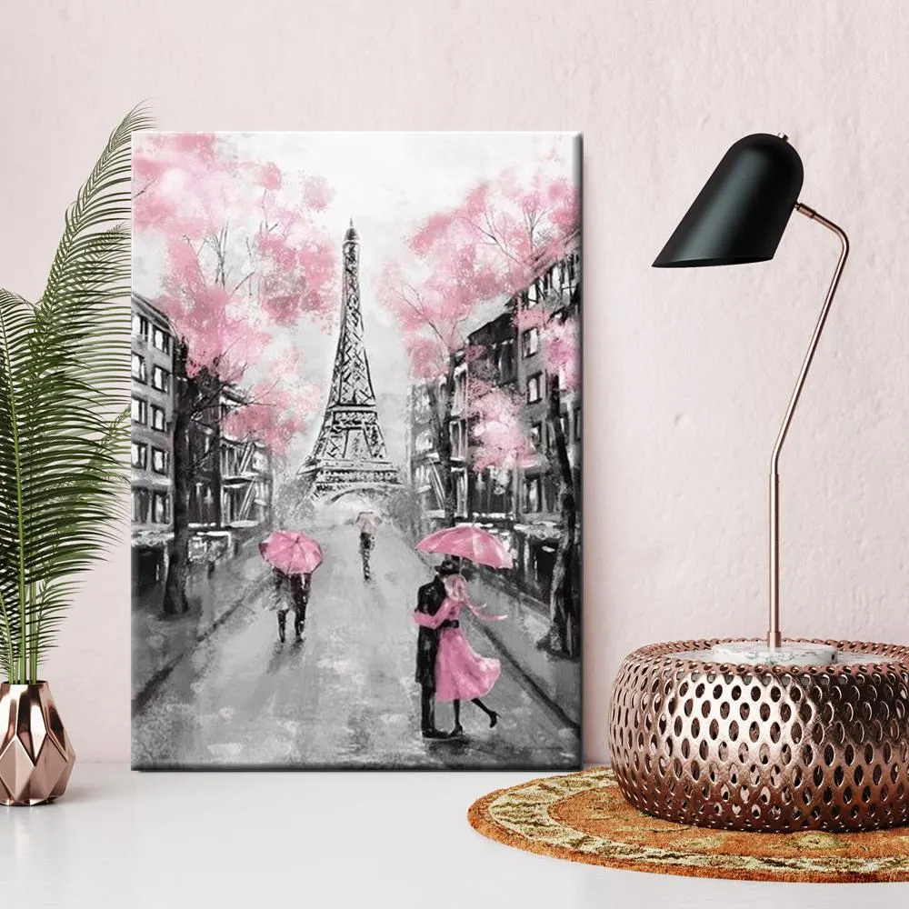 Pink Umbrella Rainy Day Landscape Canvas Print Romatic Couple Paris Tower City Picture for Lobby Office Room Wall Decor Dropship