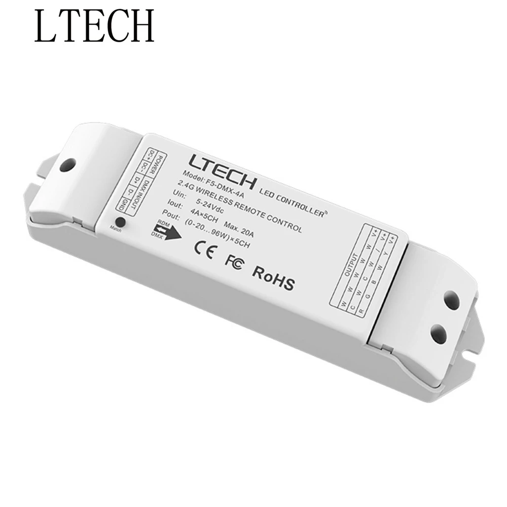 

Xnbada LTECH F5-DMX-4A Led Wireless&Wire Driver DC2-24V Input 4A*5CH Output RF 2.4GHz For Dimming/CT/RGB/RGBW Led Lights
