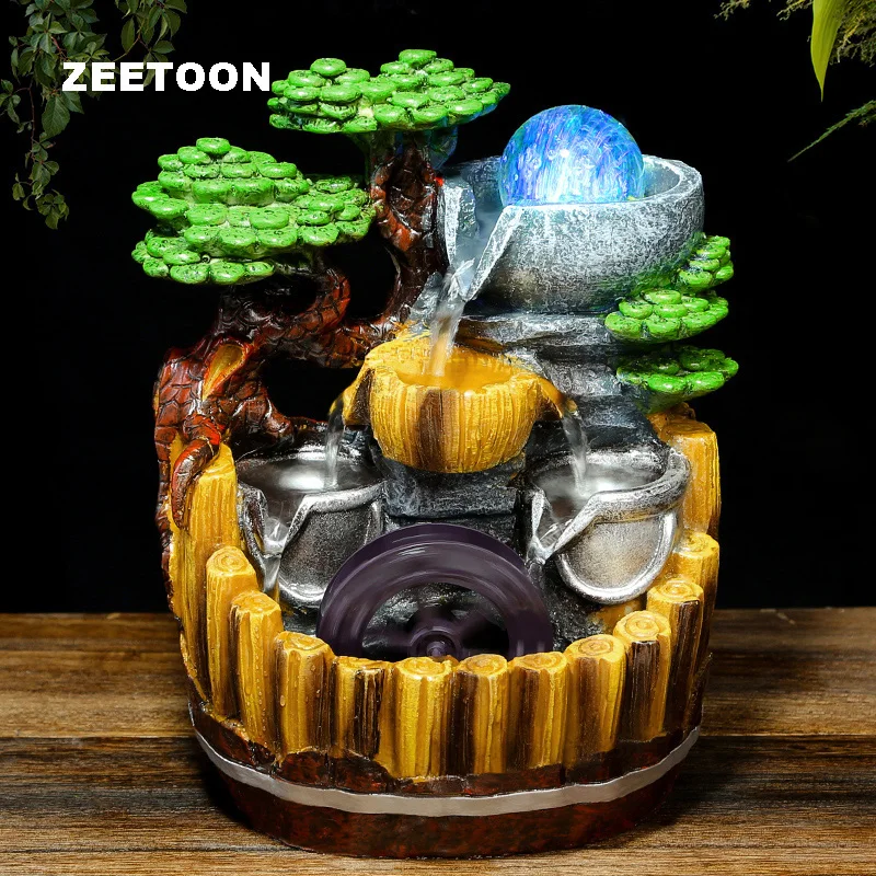 

110V-220V Natural Resin Water Fountain Desktop Bonsai Humidifier Waterscape Feng Shui Wheel Decor Indoor Ornament Birthday Gift