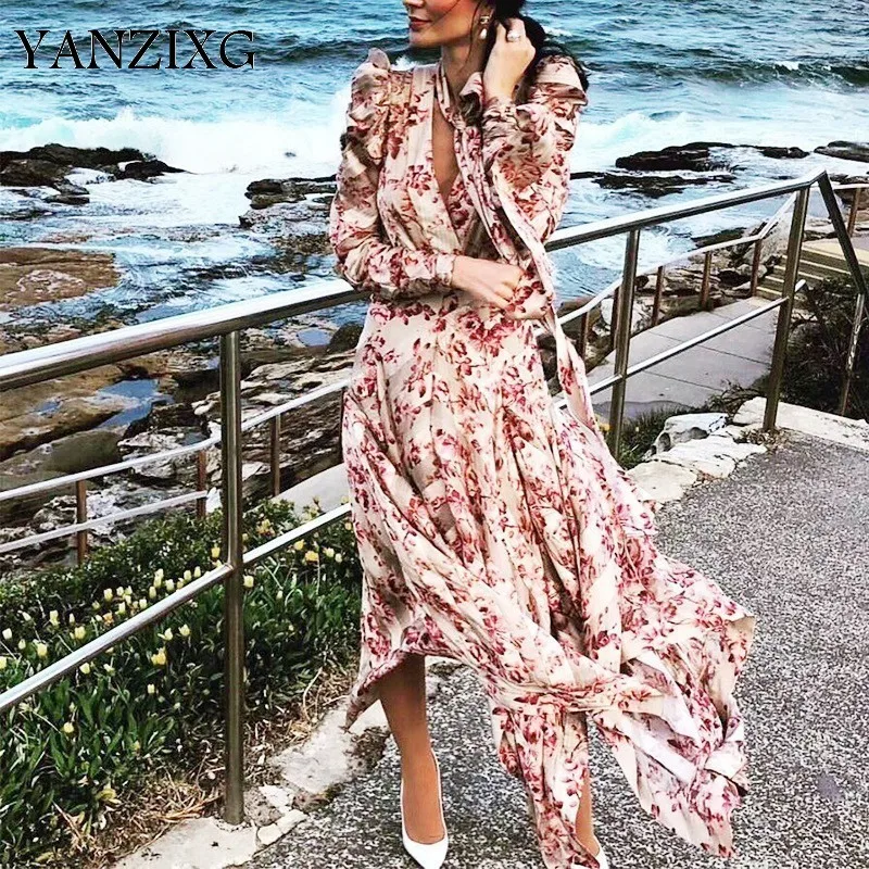 

2019 New Spring V-collar Long Sleeve Bandage Loose Pleated Striped Irregular Printed Long Dress Women Fashion Tide E645