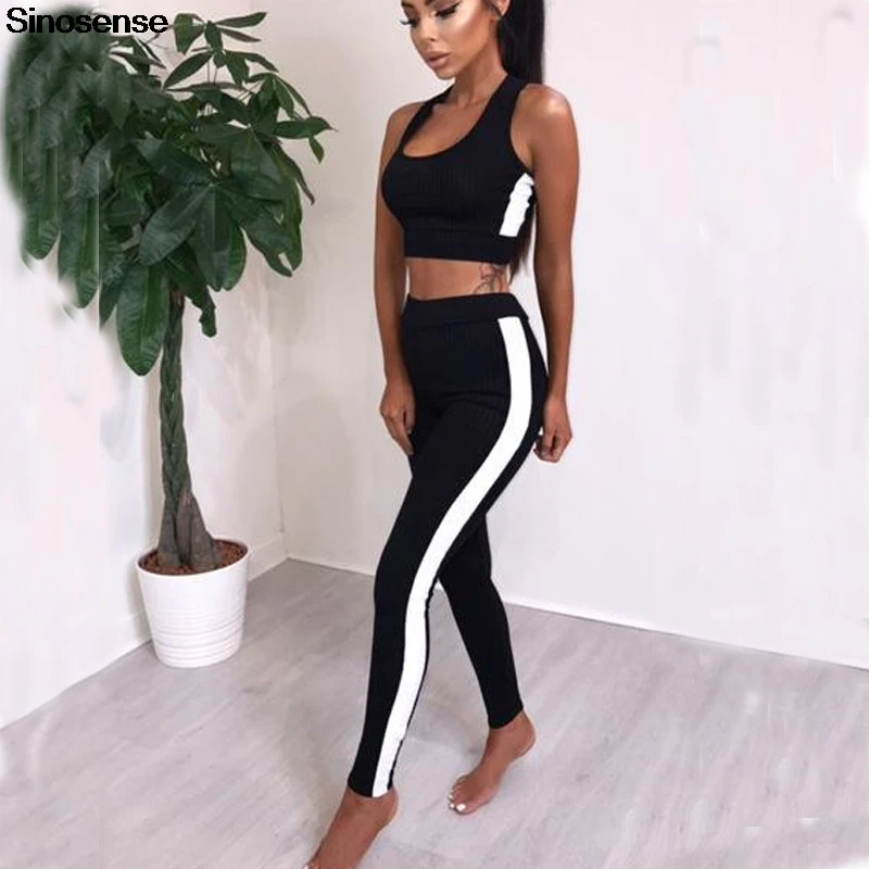 Two Piece Set Women 2 Pieces Set Crop Top +Striped Leggings Polyester ...