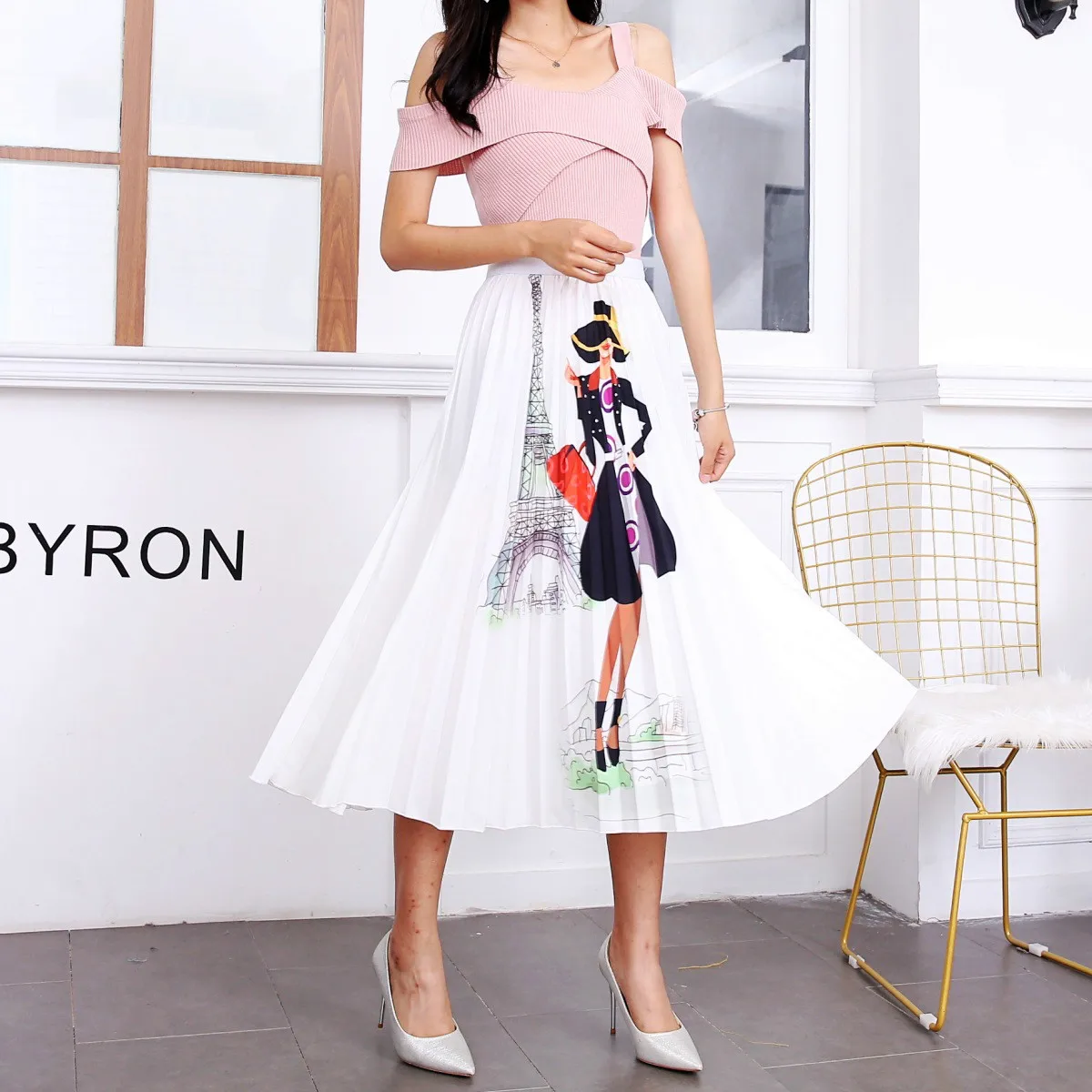

Summer Skirts Womens 2019 New Catroon Printing Women Skirts High Waisted Mid-Calf Pleated Skirt European High Street Style