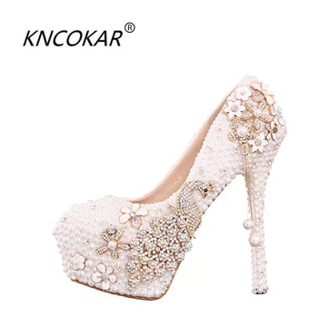 

New arrival white pearl bridal wedding pumps high heels shoes high-heeled platform crystal soles diamond luxury wedding shoes