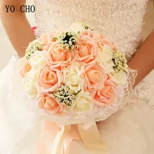 YO CHO Braut Hochzeit Bouquet Brautjungfer Künstliche PE Rose Blume Gefälschte Perle Rosa Bouquet Hochzeit Liefert Festival Dekorationen