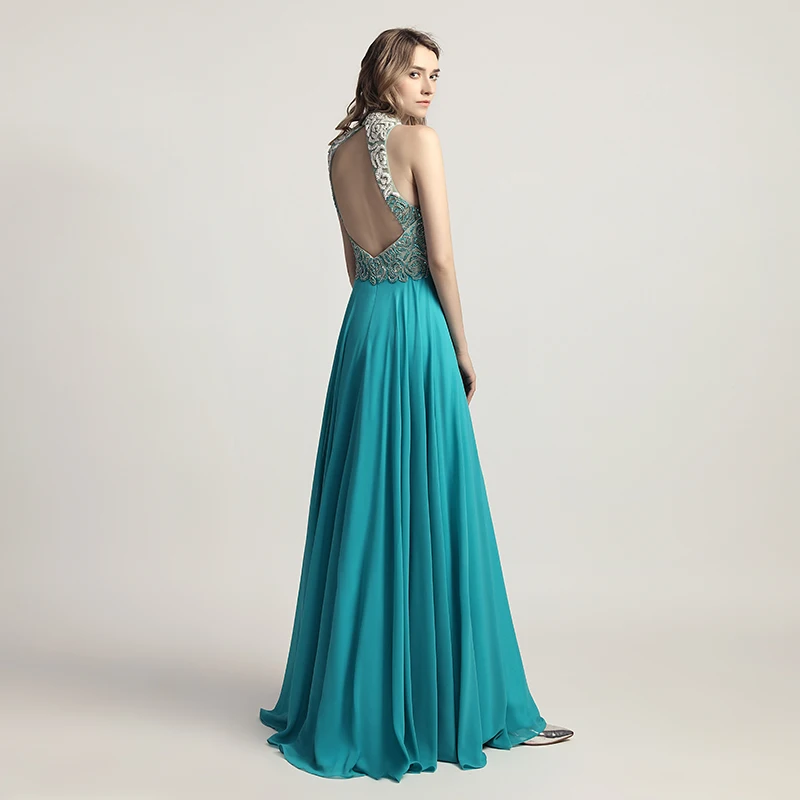 New Arrival Chiffon Black Long Prom Dresses with Full Top Beading High Neck Open Back Formal Evening Wear Cheap Party Gown LX419