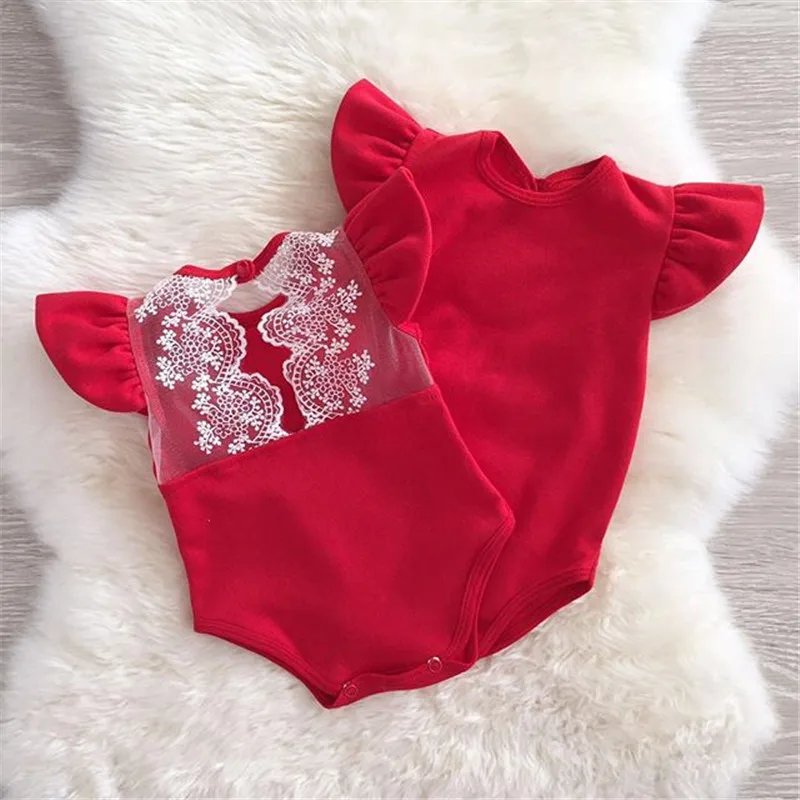 

Bodysuits Clothes Baby Kids Girls Infant Lace Jumpsuit Bodysuit Cotton Clothes Outfit Pink Red Babies Girls Ruffle Lace Top