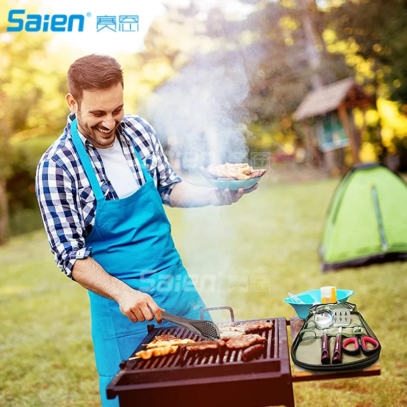 Billige Camp Küche Utensil Veranstalter Reise Set Tragbare 8 Stück BBQ Camping Kochgeschirr Utensilien Reise Kit