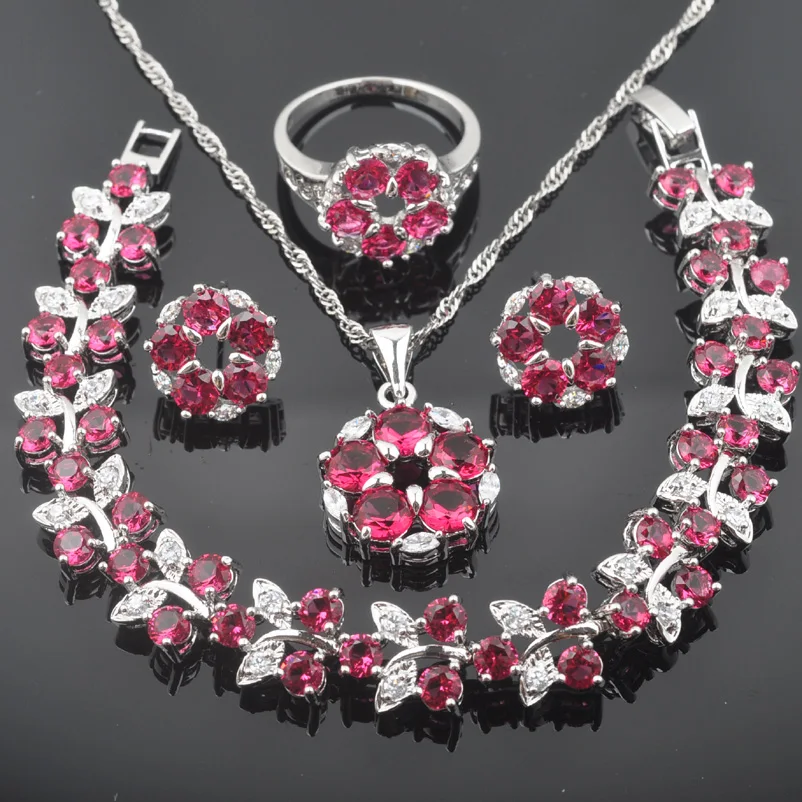 

FAHOYO Newst Rose Red Zircon White CZ 925 Sterling Silver For Women Jewelry Sets Bracelet Necklace Pendant Earrings Ring QS0383