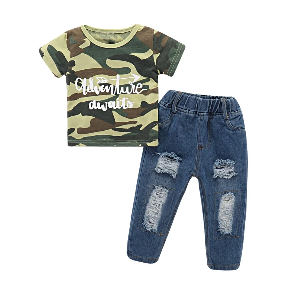 

Puseky Toddler Kids Boys Clothing Set Letter T-shirt Camouflage Short Sleeve Tops Hole Jeans Pants Summer Casual Clothes Outfits