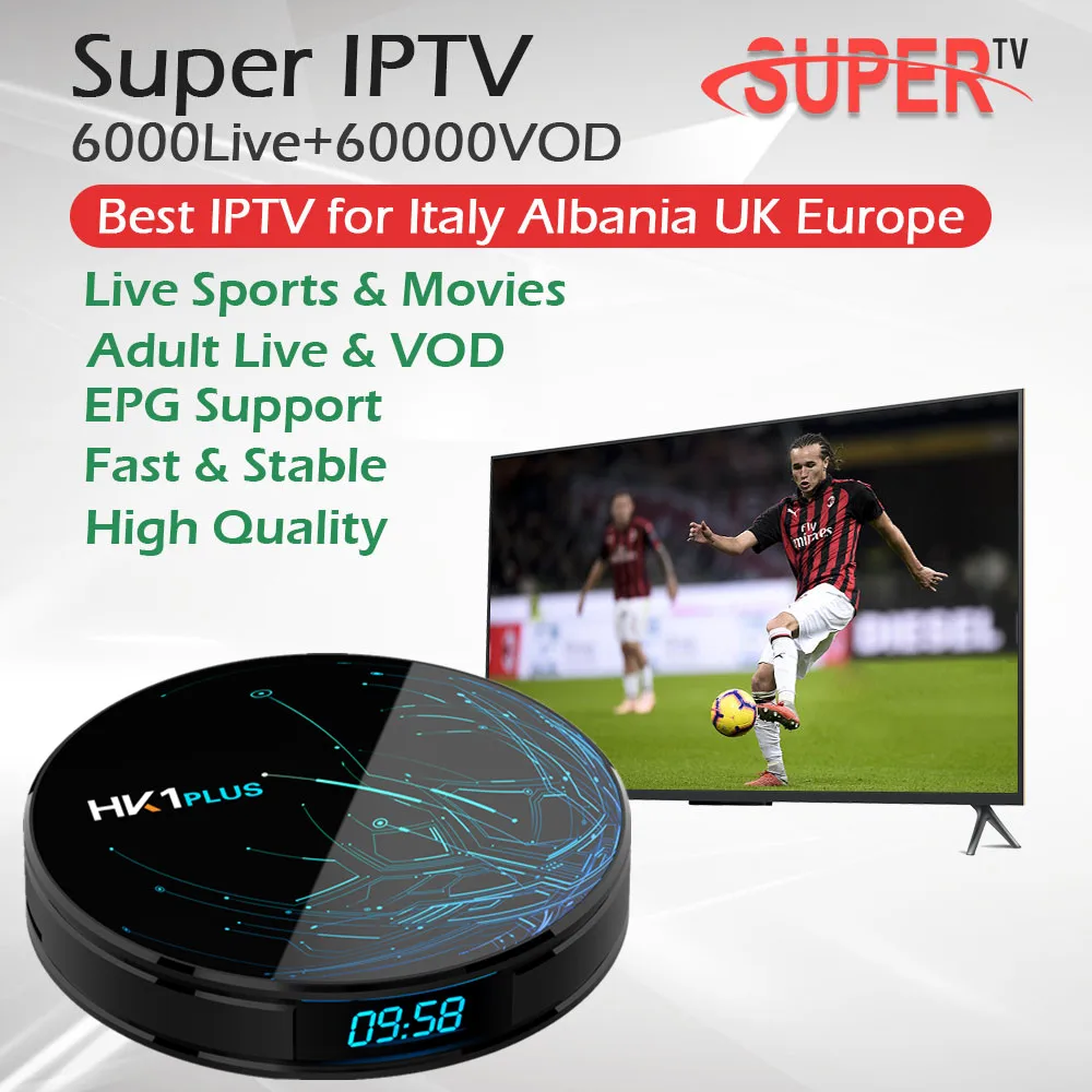 

SUPER IPTV Android 9.0 TV Box Amlogic S905X2 Dual WIFI BT4.0 Set Top Box Italian UK German Adult IPTV Subscription+60000 VOD