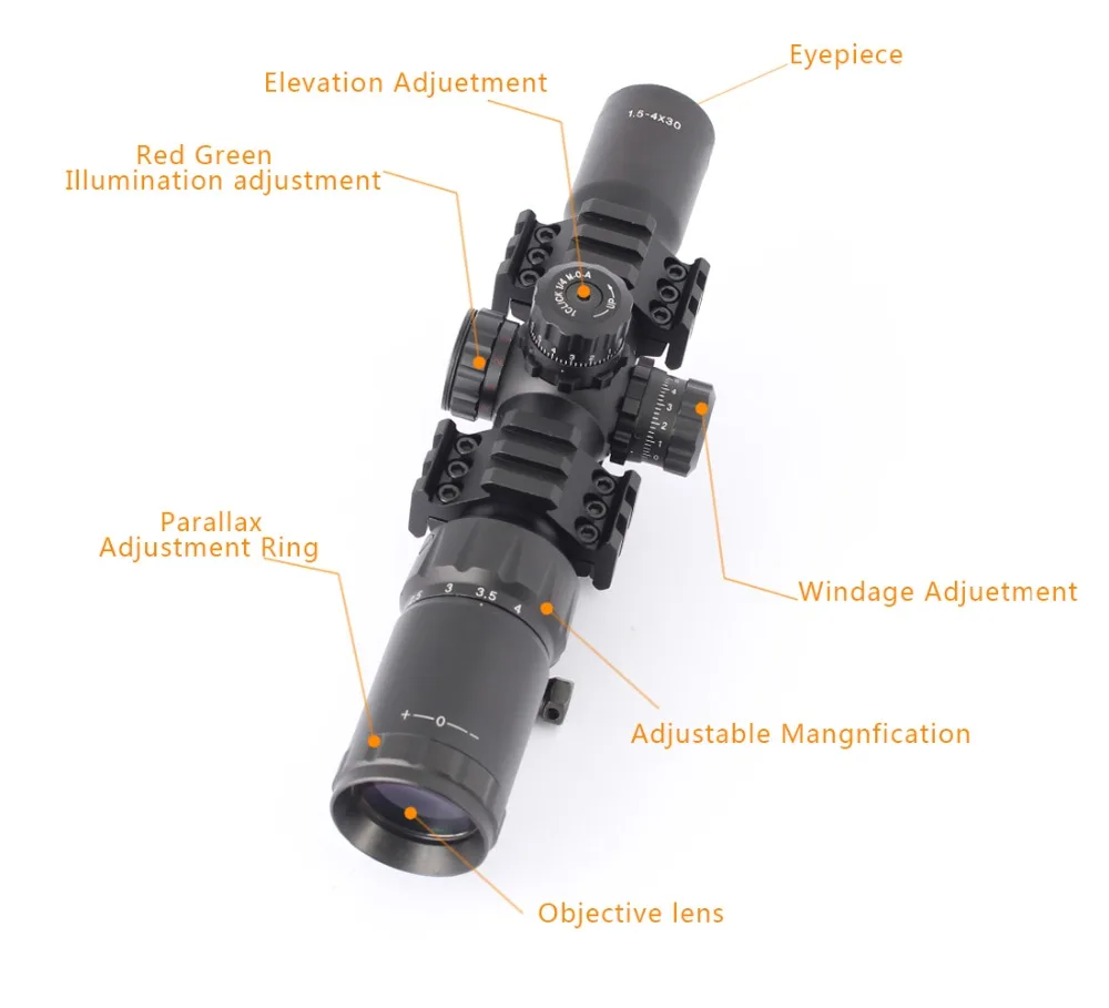 SPINA оптика 1,5-4X30 Красный Зеленый освещенный Тактический Railed прицел ж/Tri-Illuminated шеврон сетка для охоты