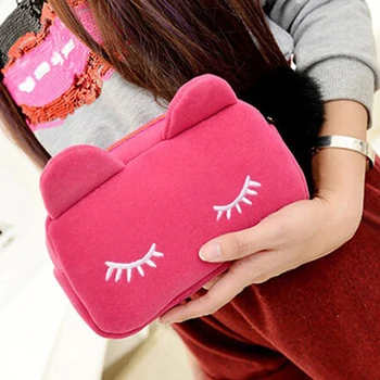 

200pcs/lot Kawaii Women Portable Cartoon Cat Coin Storage Case Travel Makeup Flannel Pouch Cosmetic Bag