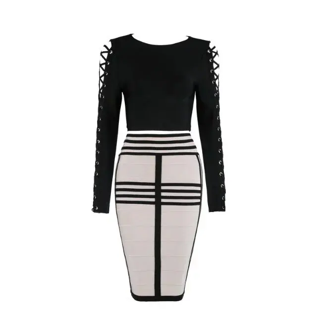 

wholesale New style dress Black and beige Long sleeves Fashion leisure Two Piece Set Cocktail party bandage dress (H1439)
