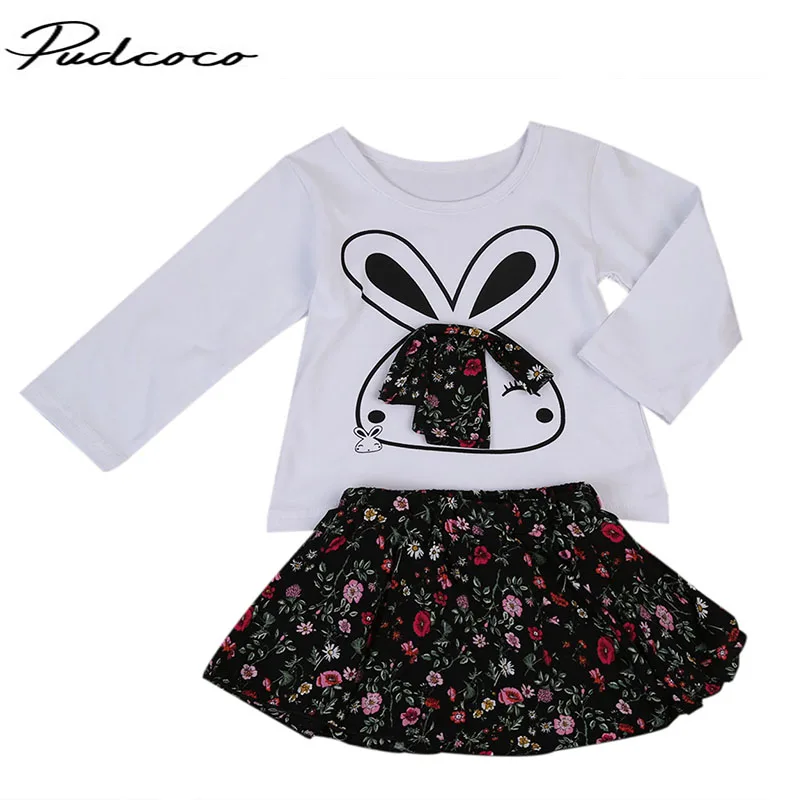 

2PCS Baby Girls Birthday Gift Long Sleeve Rabbit Printed T-Shirt+Tutu Lace Skirt Outfit Party Jumpsuit Pants Clothes 2017 New