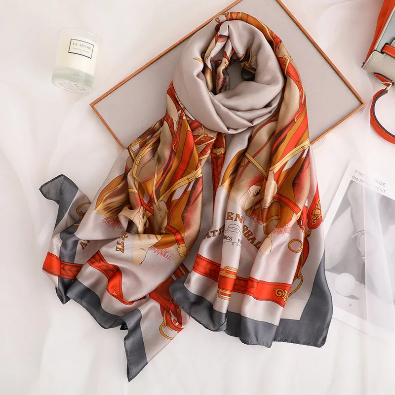 

New Female Silk Scarf Women Fashion Print Flower Scarf Beach Scarves Ladies Silk Shawls Retro Wraps and Scarves Hijabs