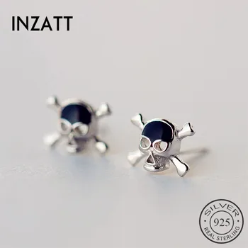 

INZATT Punk Skeleton Black Enamel Stud Earrings For Men 925 Sterling Silver Fine Jewelry Trendy Accessories Gift