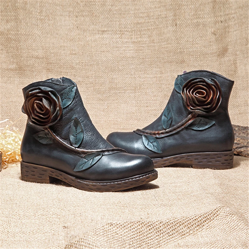 Socofy/ г.; зимние женские ботинки из натуральной кожи; винтажные Ботильоны на молнии ручной работы с цветами; женская обувь на массивном квадратном каблуке; Botas