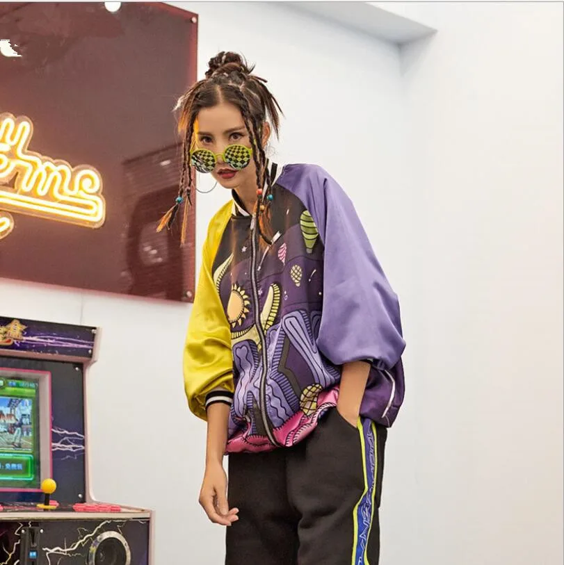 2019 Новая женская куртка пальто Bat рукавами печатных смешные фантазии Harajuku Куртка "бойфренда" Верхняя одежда Пальто уличной хип-хоп танцев