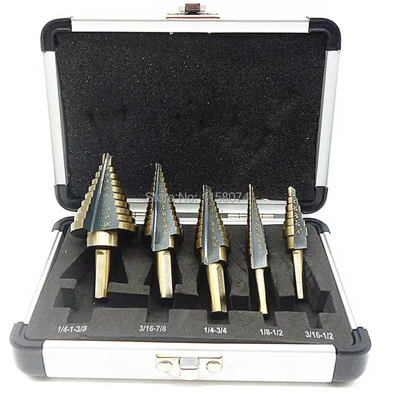 

5pcs Step Drill Bit Sae Inch Reamer Bits Hss Cobalt Hole Cutter Large Step Cone Drill Bit Cutting Soft Metal Wood Plastic + Case