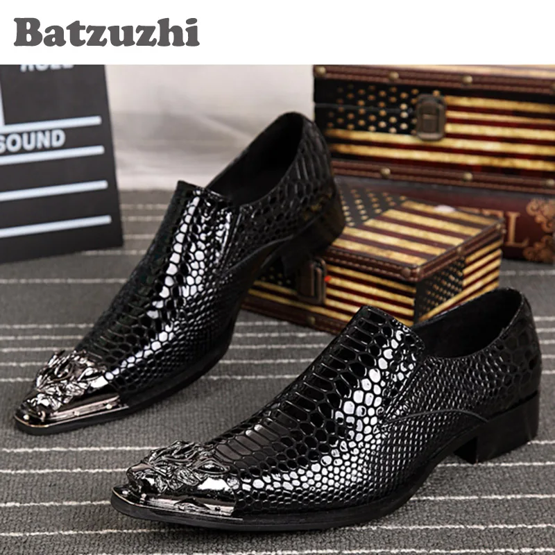 

Batzuzhi Western Fashion Men Shoes Pointed Metal Toe Luxury Handmade Men's Leather Dress Shoes Black Height Increased Shoes Men