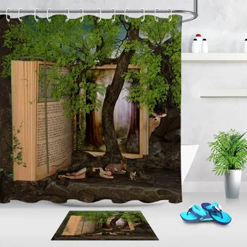 

LB Magic Book Elf Girl Shower Curtain Set with Rug Bathroom Screens Waterproof Polyester Fabric for Bathtub Decor with 12 Hooks
