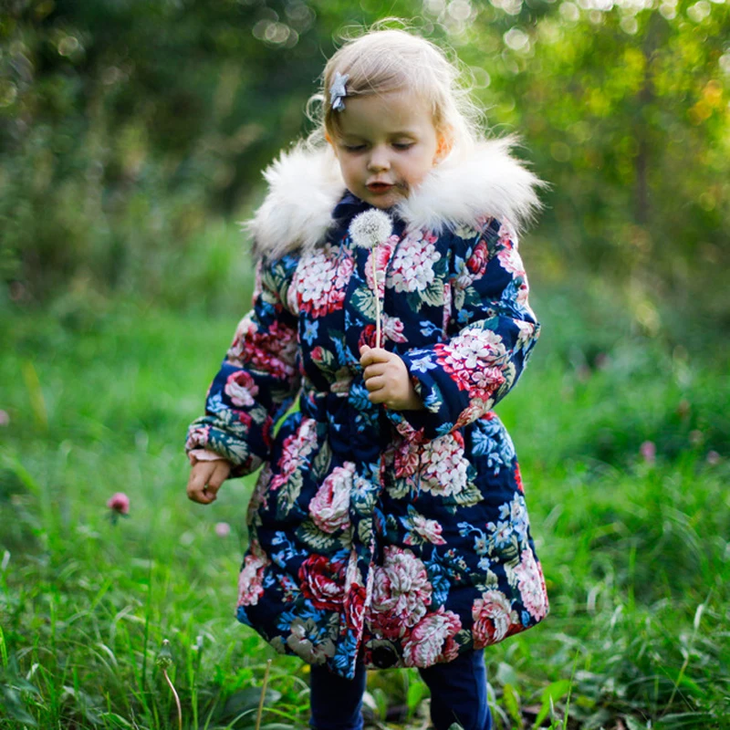 

3-11 Years old girls winter coat design cotton kids jacket flower pattern velvet thick fur collar winter clothing Smaller 1 size