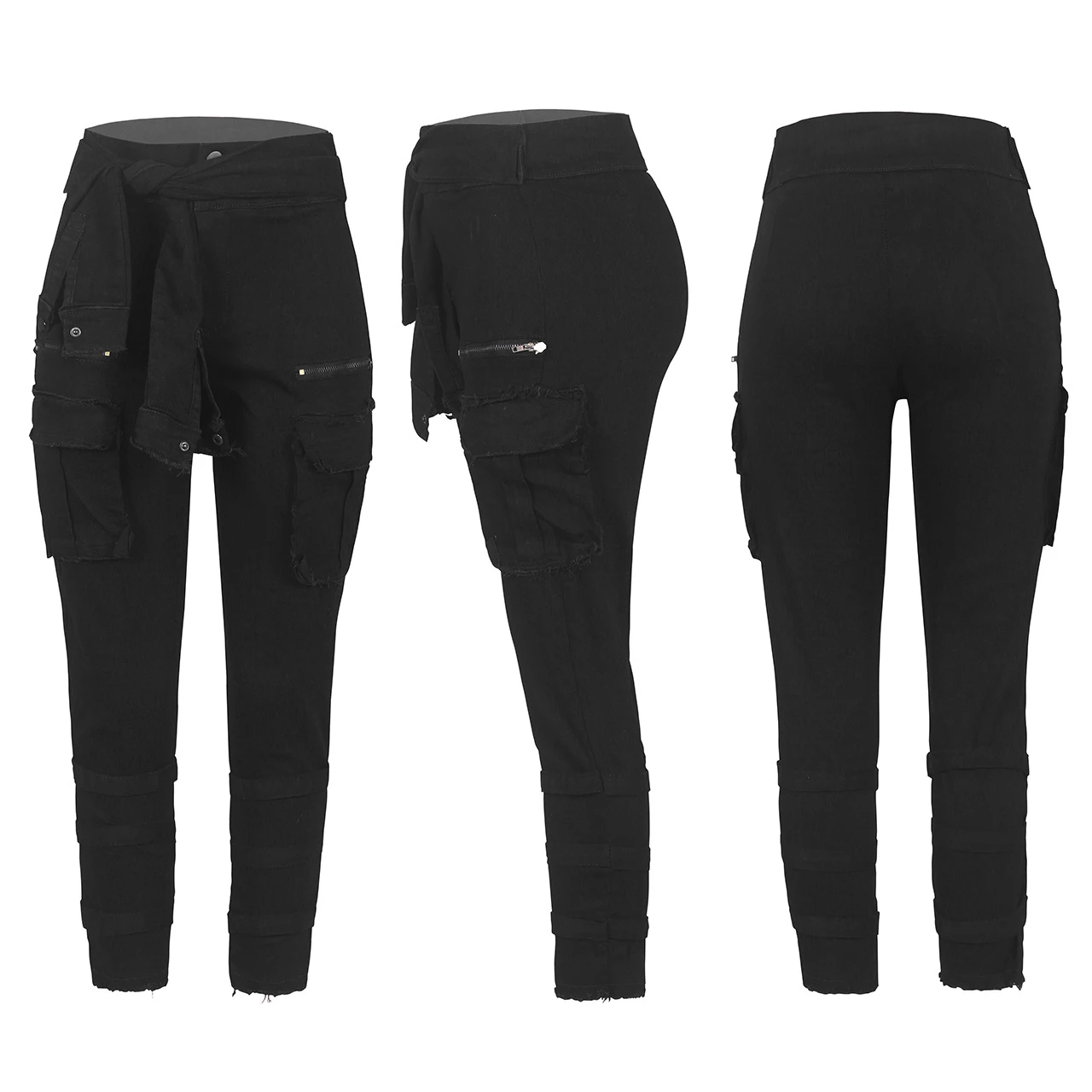 Широкие карманные джинсы для отдыха эластичные длинные женские джинсовые брюки пояс Уличная Повседневная Джинсы - Цвет: black
