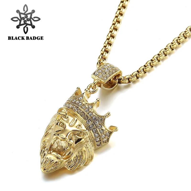 

BLACK BADGE New Rhinestone Crown lion Pendant Necklaces Long Cuban Link Chain Fashion Necklace For Unisex Hip Hop Jewelry
