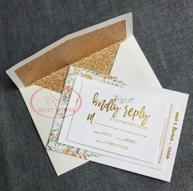 HI1150-06 Simple White Wedding Invitation Card Wedding Menu with Gold Letterpress and Colorful Printing