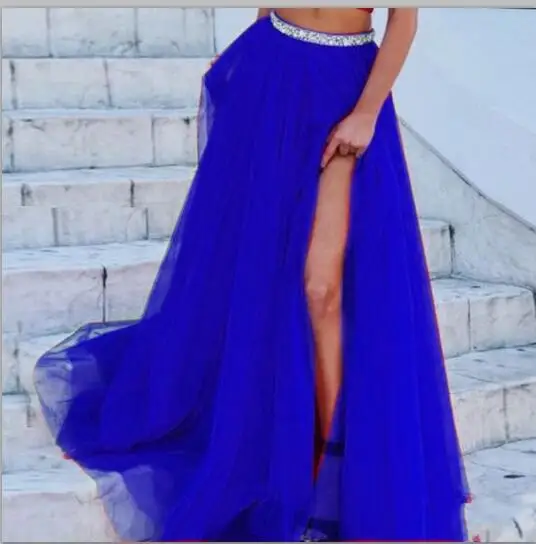 Сексуальная красная длинная юбка из тюля, Женская юбка с блестящими кристаллами, бисерный пояс, юбка из тюля, Женская юбка-пачка Королевского синего цвета с разрезом по бокам - Цвет: Королевский синий