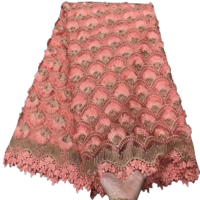 

Free shipping (5yards/pc) 2018 new African tulle lace peach French net lace fabric with lots of beads for party dress FLV05