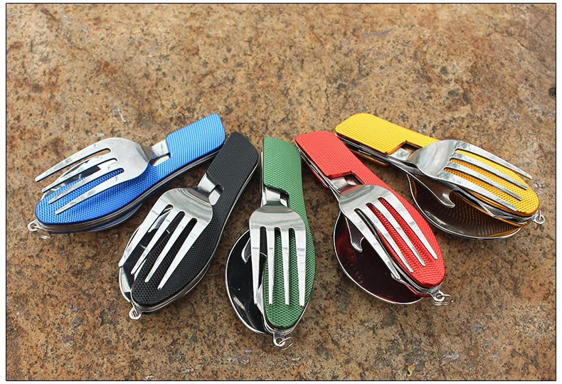 4 in 1 Outdoor Tableware (ForkSpoonKnifeBottle Opener) Camping Stainless Steel Folding Pocket Kits for Hiking Survival Travel-2