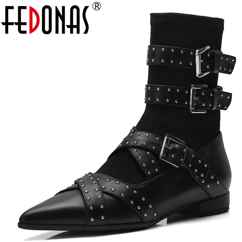 

FEDONAS Punk Sexy Women Genuine Leather Shoes Woman Ankle Boots Rivets Buckles Low Heels Motorcycle Boots Brand Stretch Boots
