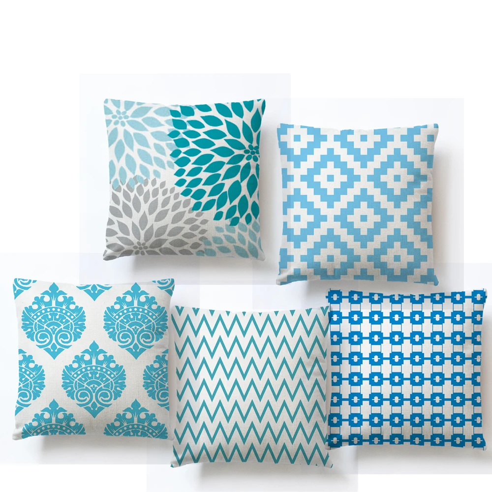 

Blue Throw Pillow Case Geometric Wave Cotton Linen Cushion Cover For Sofa Home Capa De Almofadas 45x45cm