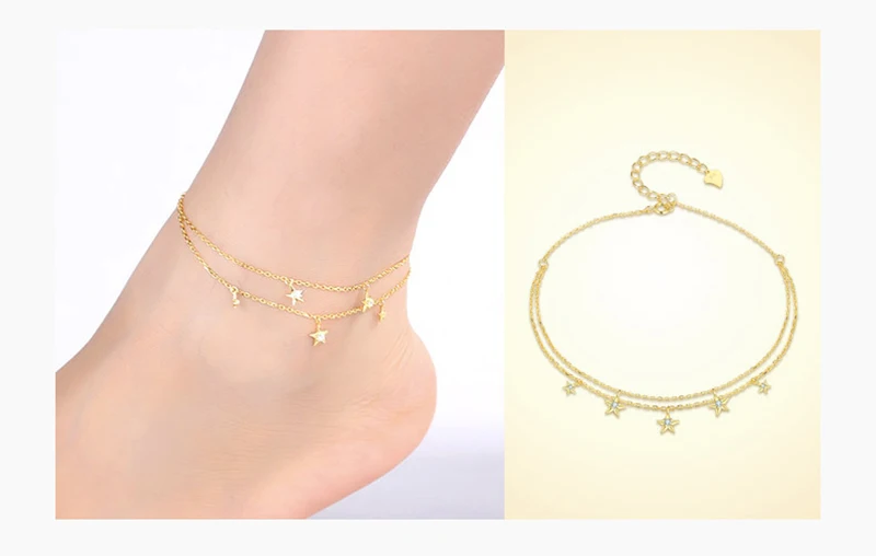 Fine Jewelry 100% 925 Sterling Silver Summer Ankle Bracelet Gold Anklet Elegant Star Foot Leg Chain Charm for Women Gift (4)