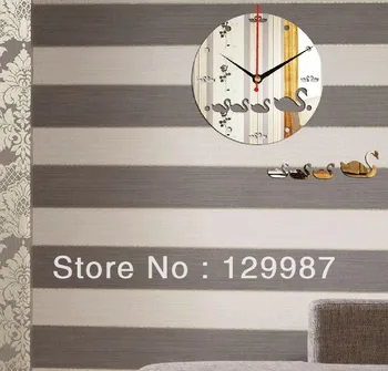 

Free shipping NEW arrive DIY swan and round acrylic wall clock, Fashinal mirror sticker , 3D mirror clock