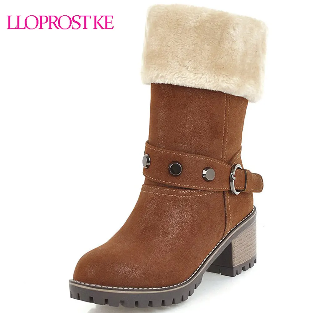 

Lloprost ke Block Heel Fur Booties Warm Plush Buckle Strap High Heels Snow Boots Plus Size Green Brown Black Women Winter Shoes