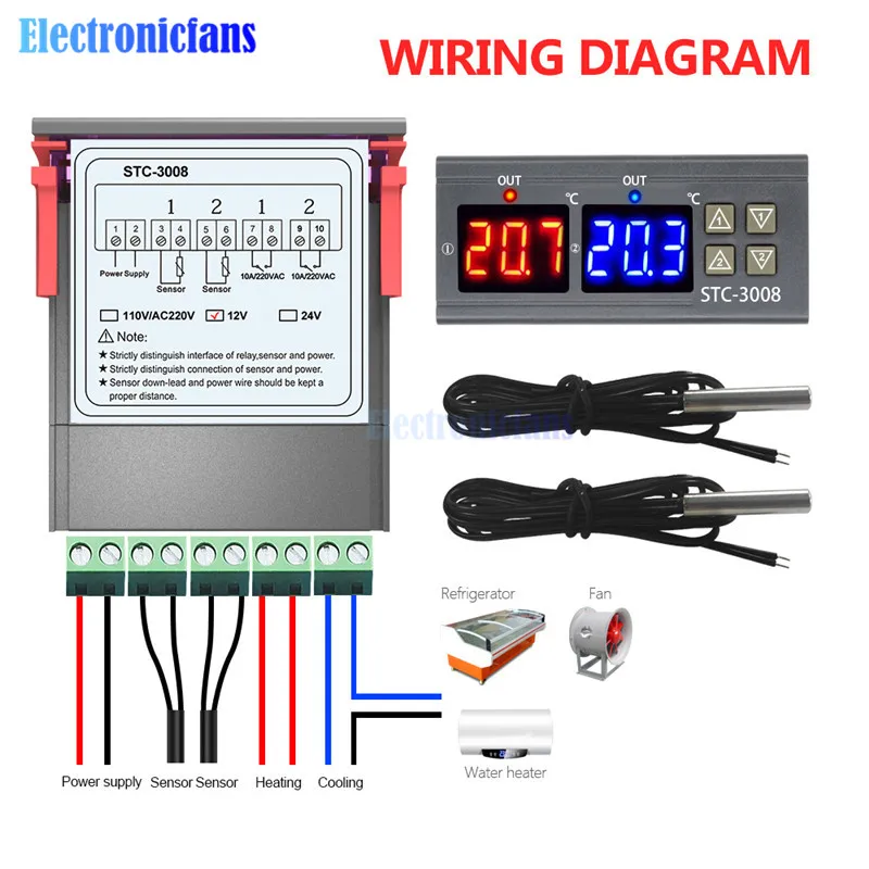 

STC-3008 DC 12V 24V AC 110V 220V Dual Digital Temperature Controller Two Realy Output Thermostat Thermoregulator with Sensor