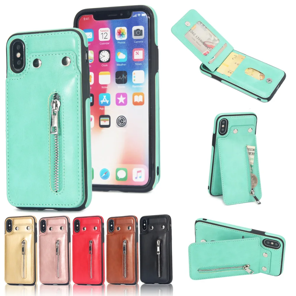 Flip PU Leather Cases for Apple iPhone X Zipper Wallet Case w/ Multi